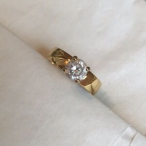 Vintage Gold-toned Solitaire Ring with white Stone, See Details for Sizing